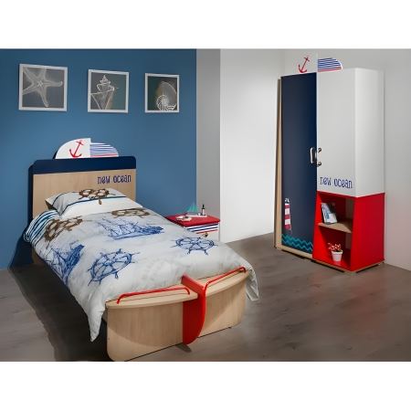 CHAMBRE ENFANT MARIN 2 PORTES LIT 190X90CM BLANC / BLEU / ROUGE (CHE25DV/BL001)