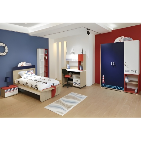 CHAMBRE ENFANT MARIN 3 PORTES LIT 190X90CM BLANC / BLEU / ROUGE (CHE25DV/BL000)